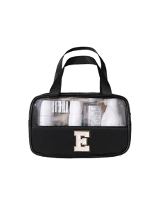 1 件时尚新款方形纯色 PU 和 PVC 皮革面料，配白色毛巾绣有字母 A-Z，防水拉链上衣和女士化妆包，配有背带设计，学生返校洗漱包，宿舍化妆品收纳，适合大学生度假旅行上学沙滩包沙滩必需品沙滩巾收纳袋沙滩配件夏季沙滩用品 - 黑色 - 查看 22