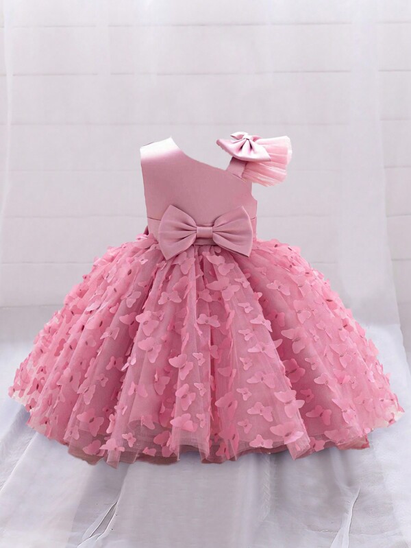 Baby Girl Lavender Sleeveless 3D Butterfly Decor Tulle Puff Dress, Flower Girl Dress Fits For Wedding, Excluding Headpiece