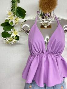 T 066 Ruffle Trim Tied Backless Halter Top - Mauve Purple - View 3