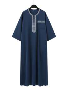 Disqoir 伊斯兰新款穆斯林短袖刺绣口袋男士阿拉伯长袍 - 藍色 - 查看 2