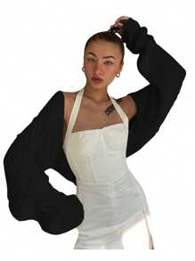 Women's Summer Open Front Cropped Cardigan Long Sleeve Solid Color Ribbed Knit Shrug Sweater Bolero Tops Streetwear - Black - View 2