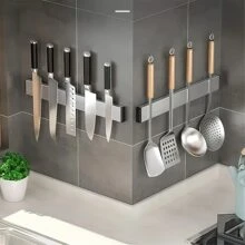 1pc Magnetic Knife Holder For Wall -No Drilling Magnetic Knife Bar With Hooks -304 Stainless Steel Knife Magnetic Strip -Magnetic Utensil Holder -Kitchen Utensil Hanger-Kitchen Organizer