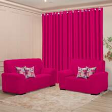 Plain Living Room Kit + 3 And 2 Fitted Sofa Covers + 4 Floral Cushion Covers Living Room, Decoration, Protector - 粉紅色套裝 - 查看 1