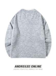 ANDREILEE V-Neck Long Sleeve Pullover Sweater, Classic Casual Street Style, Suitable For Spring, Autumn, Winter - Grey - View 3