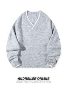 ANDREILEE V-Neck Long Sleeve Pullover Sweater, Classic Casual Street Style, Suitable For Spring, Autumn, Winter - Grey - View 2