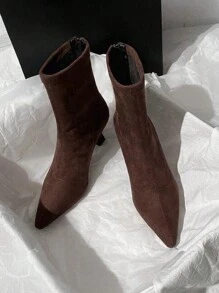 Brown Short Boots Women High Heels 2024 Autumn Winter New Arrival Versatile French Style Slim Heel Elastic Suede Pointed Toe Slim Fit Boots