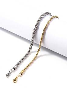 Nooxian 2 件男女通用不锈钢编织链手链套装，日常休闲情侣礼物和可分层配饰 - 金黃色+銀色 - 查看 2