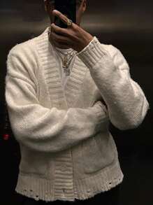 ANDREILEE 男士宽松休闲V领长袖毛衣，带口袋，版型宽松，时尚有型，适合春、秋、冬三季穿着。 - 杏色 - 查看 3