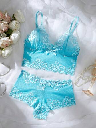 Conjunto de lencería sexy con camiseta de encaje y lazo decorativo para mujer, Rave