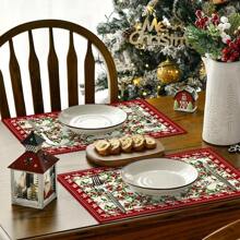 2/4/6/8pcs Red-Edge Pine Cone Placemats, Machine Washable, High Quality, Suitable For Christmas Party, Kitchen And Dining Table Decoration - Red - View 8