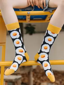 1/5 双男女款趣味中筒袜，可爱创意卡通煎蛋和汉堡图案休闲袜，适合日常穿着，秋季 - 彩色 - 查看 5