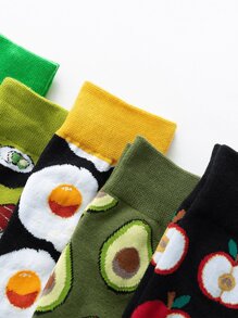 1/5 双男女款趣味中筒袜，可爱创意卡通煎蛋和汉堡图案休闲袜，适合日常穿着，秋季 - 彩色 - 查看 9