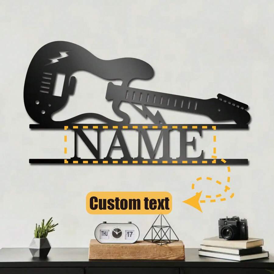 Customized Guitar Shaped Iron Metal Wall Decor For Home Living Room Bedroom Office, Personalized Music Theme Wall Art, Graduation And Housewarming Gift - Black - View 1