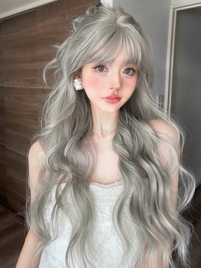 alicegarden 1 Synthetic Heat-Resistant Long Curly Cream Gray Wig ,With Bangs, 28 Inches Long, Made Of Fiber, Suitable For Daily Use, Natural And Realistic Wig(Excluding Accessories)