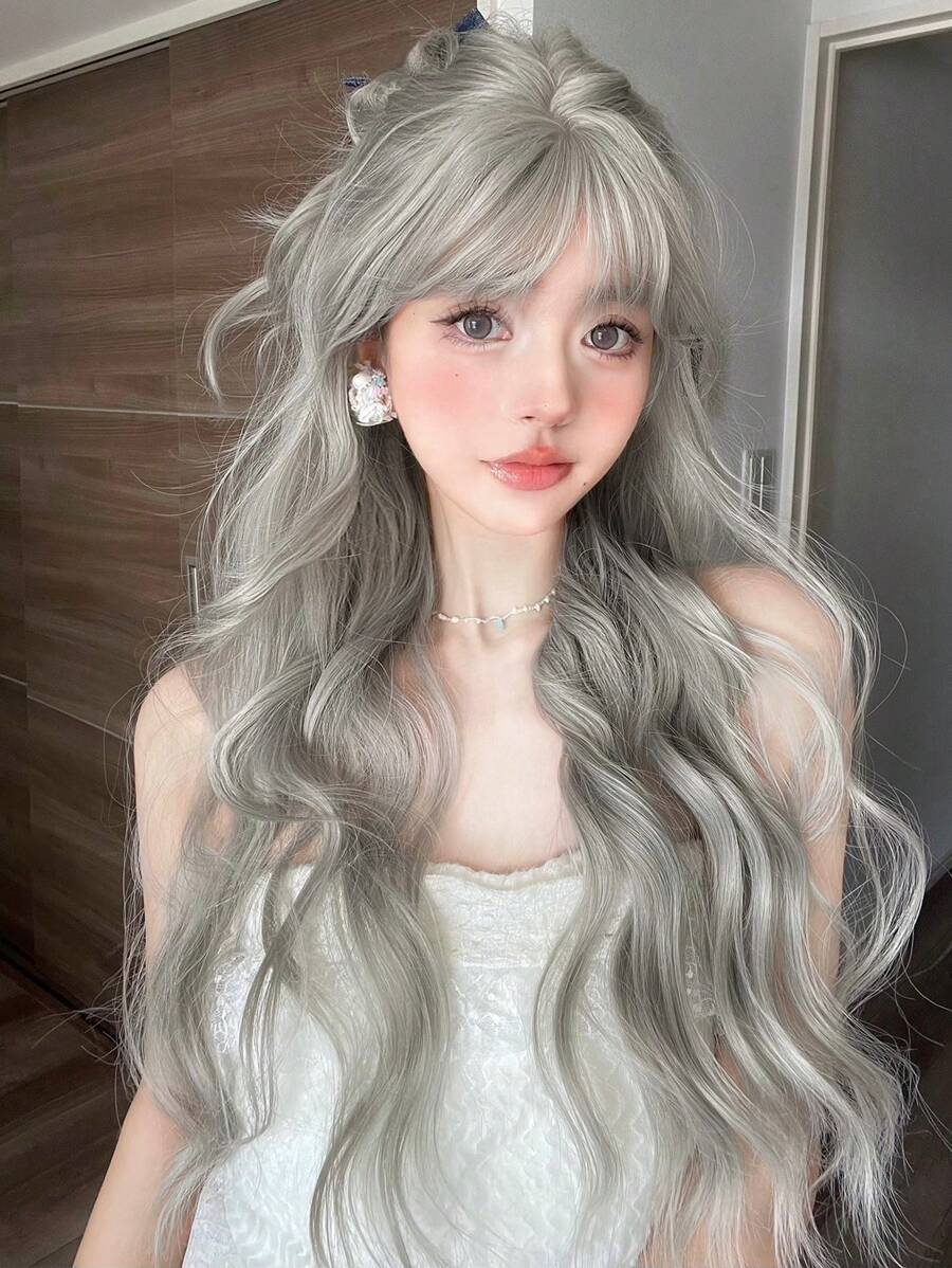 alicegarden 1 Synthetic Heat-Resistant Long Curly Cream Gray Wig ,With Bangs, 28 Inches Long, Made Of Fiber, Suitable For Daily Use, Natural And Realistic Wig(Excluding Accessories)