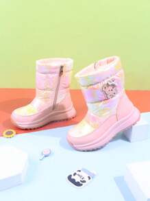 1 paire de bottes de neige roses pour enfants, motif de dessin animé, imperméables, rembourrées, mi-mollet, antidérapantes, chaussures d'hiver chaudes pour filles
