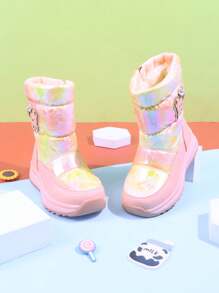 1 paire de bottes de neige roses pour enfants, motif de dessin animé, imperméables, rembourrées, mi-mollet, antidérapantes, chaussures d'hiver chaudes pour filles