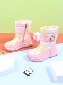 1 paire de bottes de neige roses pour enfants, motif de dessin animé, imperméables, rembourrées, mi-mollet, antidérapantes, chaussures d'hiver chaudes pour filles