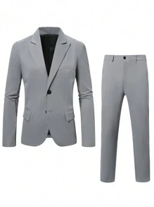 Men Casual Solid Color Suit Set, Includes Jacket And Pants - Grey - View 2