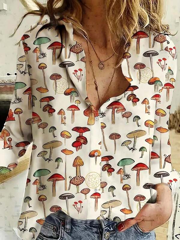 Nova blusa feminina plus size com estampa de cogumelo e manga comprida