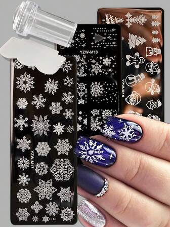 4件套圣诞雪花、雪人、圣诞树美甲印花板和刮板套装，DIY美甲印花模板工具