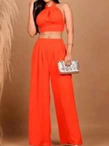 Women's Duna Cropped Set And Palazzo Pants, Summer Model - Orange - View 2
