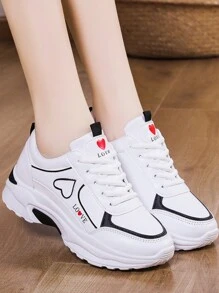 女士休闲网眼系带厚底跑步和旅行运动鞋，舒适低帮厚底运动鞋，适合春秋季 - 黑色皮面 - 查看 2