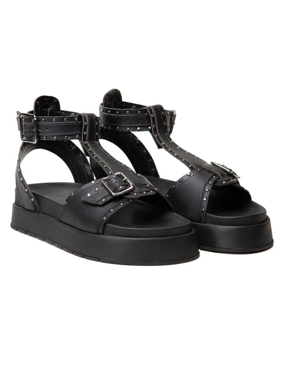 Flatform Sandal Micro Expanded Spikes Ankle Buckle Lightweight Durable! - 黑色 - 查看 1