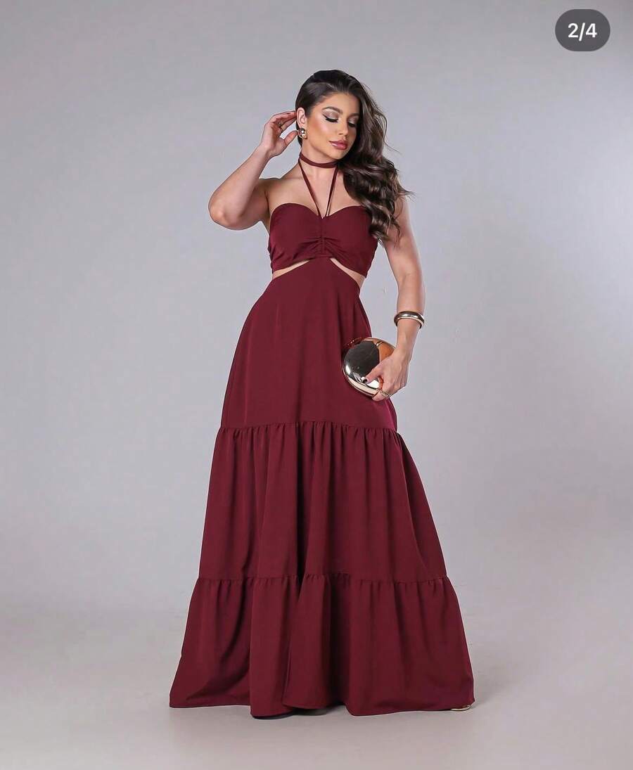 Women's Long Dress With Side Slit And Multiple Ties - Màu Đỏ Sâu - Xem 1