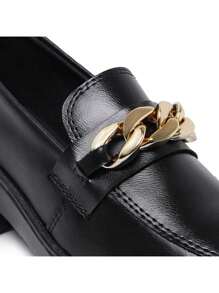 Women's Tractor Loafers Easy Fit British Style Leather Gold Chain Comfortable On - màu đen - Xem 3