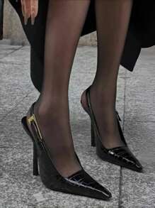 Zapatos de tacón alto de punta negra, tacones de aguja, sandalias de tiras con punta metálica patentado