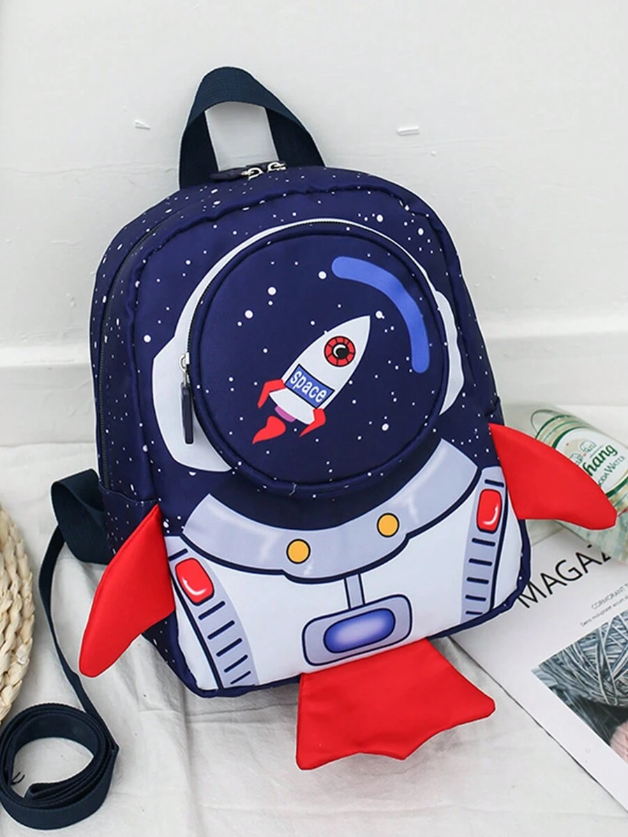 Cartoon Rocket Backpack With Tether For Teenagers, Small Dual Shoulder Bag - Navy Blue - View 1