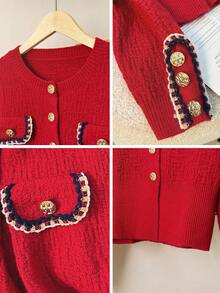 Bộ áo len cardigan màu đỏ thời trang và chân váy thanh lịch hai mảnh - Đỏ - Xem 5