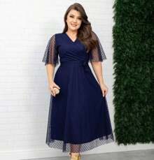 VESTIDO GODE DE TULE / MODA EVANGÉLICA - Azul Marinho - Visão 1