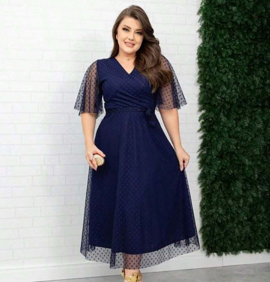 VESTIDO GODE DE TULE / MODA EVANGÉLICA - Azul Marinho - Visão 1
