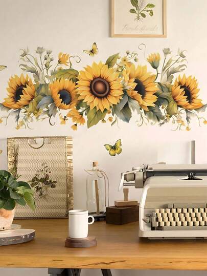 1pc Hand-Painted Sunflower & Butterfly Wall Sticker, Suitable For Living Room, Bedroom, Home Decor, Sticker, Wall Decal, Vinyl Decal, Home Decor, Spring Decor, Refresh Your Home, Rama Decor Sticker Gift, Birthday, Graduation, Kitchen Decor