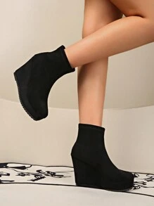 秋冬季女士厚底一脚蹬时尚靴，黑色弹力高跟踝靴，防滑鞋底 - 黑色 - 查看 6