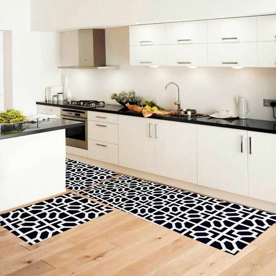3 Piece Gold Kitchen Mat Set Kit 2 Refrigerator Mats + Non-Slip Sink Mat - Đen và trắng - Xem 1