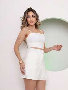 Cropped Top With Padding And Short Skirt Set In Dominique Fabric - trắng - Xem 3