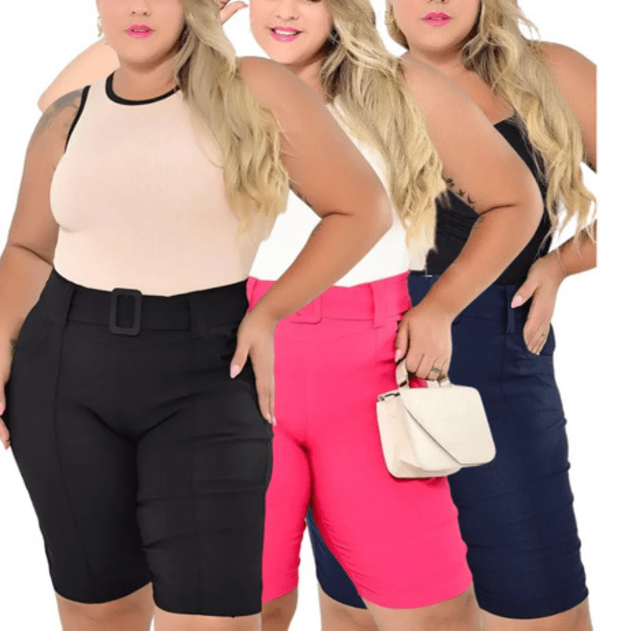 Kit 3 Plus Size Women's Bermuda Shorts With Lycra Belt - màu đen - Xem 1