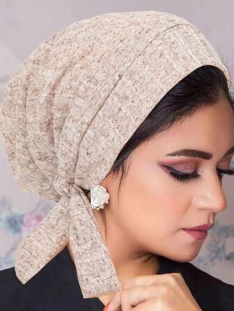 1 件纯色 Hijab 雪花提花长尾系带头巾帽，时尚头巾头巾女士 Abaya 配饰日常下帽