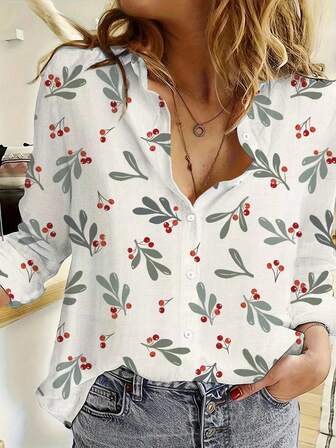 秋季休闲随意花卉印花长袖衬衫