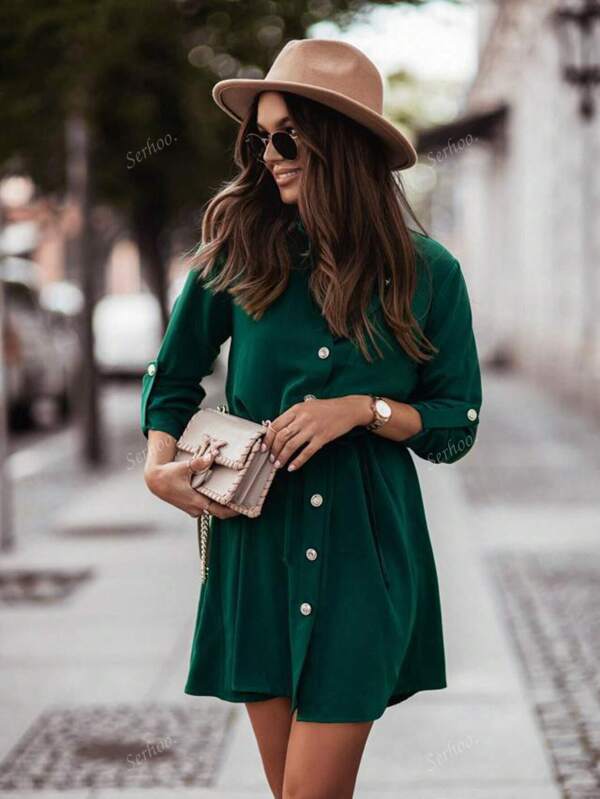 Vestido de unicolor verde elegante y casual para mujer, con cintura ceñida, puño con botón en la manga, otoño