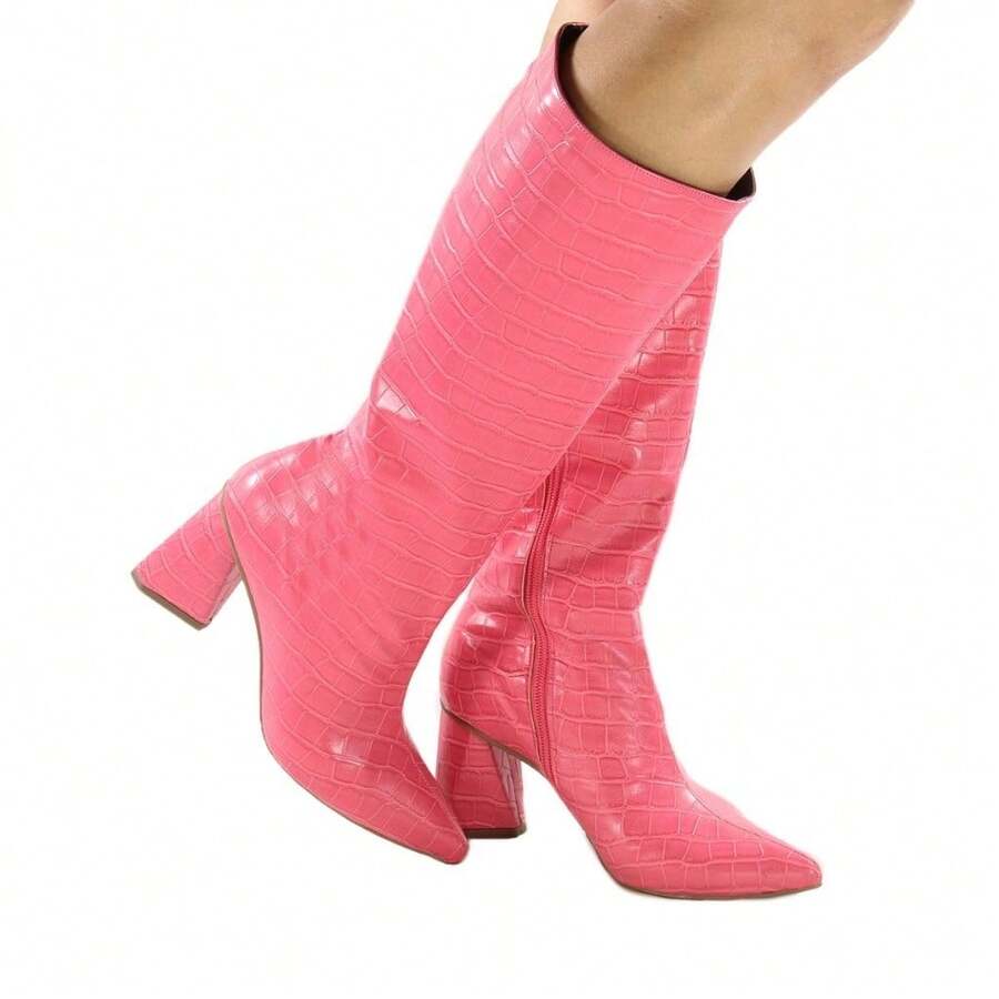 Women's Crocodile Boot With Thick Geometric Heel 7.5cm Pointed Toe Luxury Comfortable Non-Slip - 杜鵑花鱷魚 - 查看 1