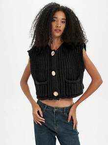 Women's Solid Color Knitted Pocket Decor Chunky Knit Vest - Black - View 6