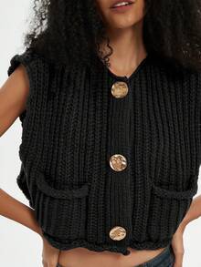 Women's Solid Color Knitted Pocket Decor Chunky Knit Vest - Black - View 3