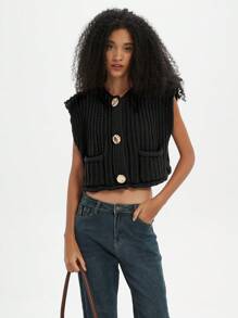 Women's Solid Color Knitted Pocket Decor Chunky Knit Vest - Black - View 9
