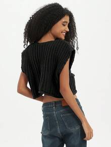 Women's Solid Color Knitted Pocket Decor Chunky Knit Vest - Black - View 8