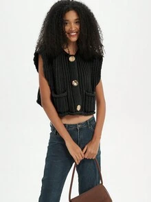 Women's Solid Color Knitted Pocket Decor Chunky Knit Vest - Black - View 7