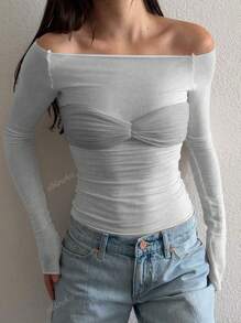 Y2K Stretchy See-Through Bow Bust Ruched Long Sleeve Off Shoulder Knitted Slim Fit Sweater T-Shirt Top